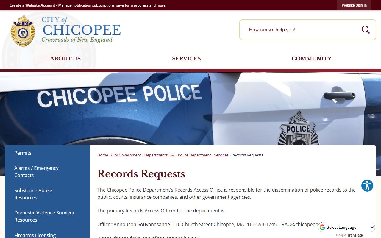 Chicopee Records Requests page for police records