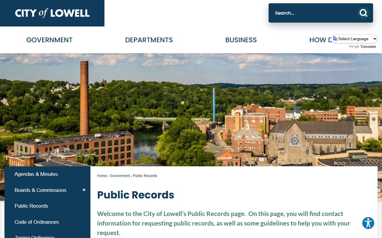 Lowell public records page for police records