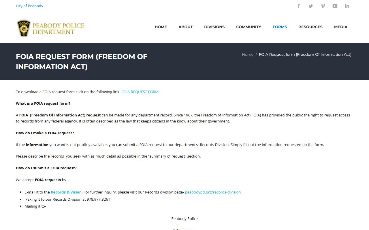 Peabody Police FOIA request form page