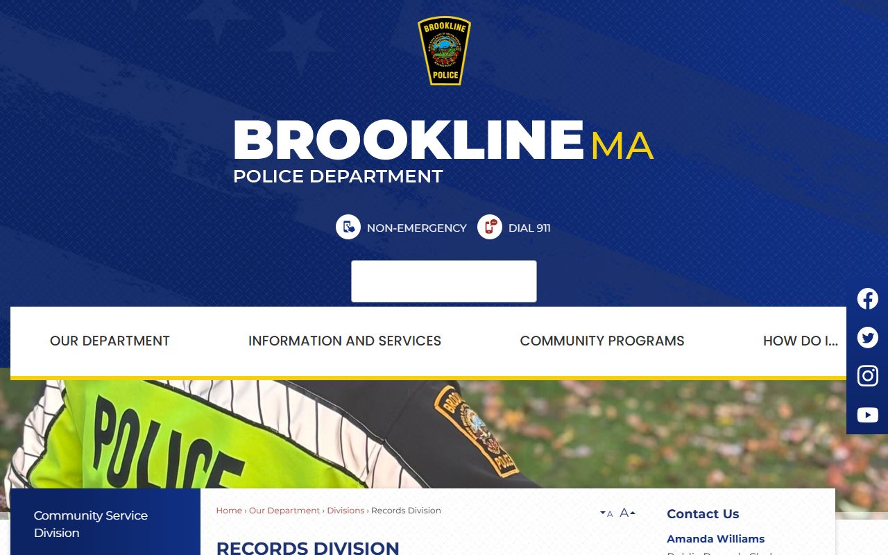 Brookline Police records division page for Norfolk County police records
