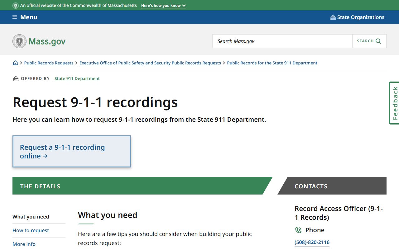 Massachusetts 911 recordings request page for police records
