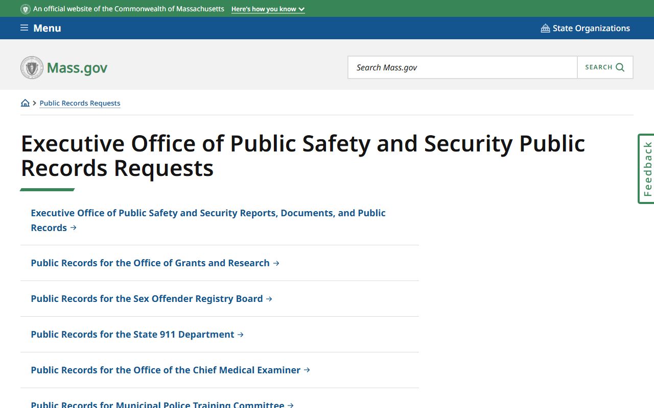 Massachusetts EOPSS public records request page for police records