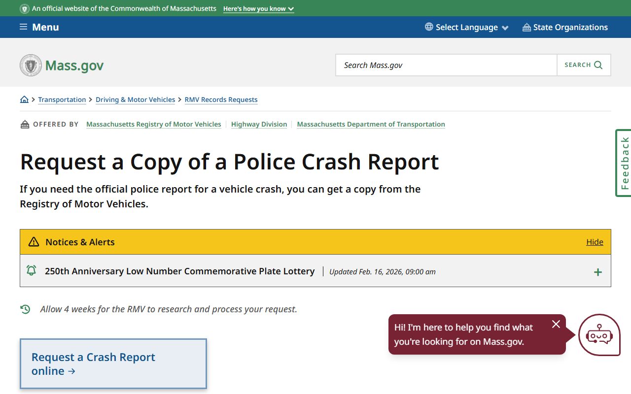 Massachusetts RMV crash report request page for police records