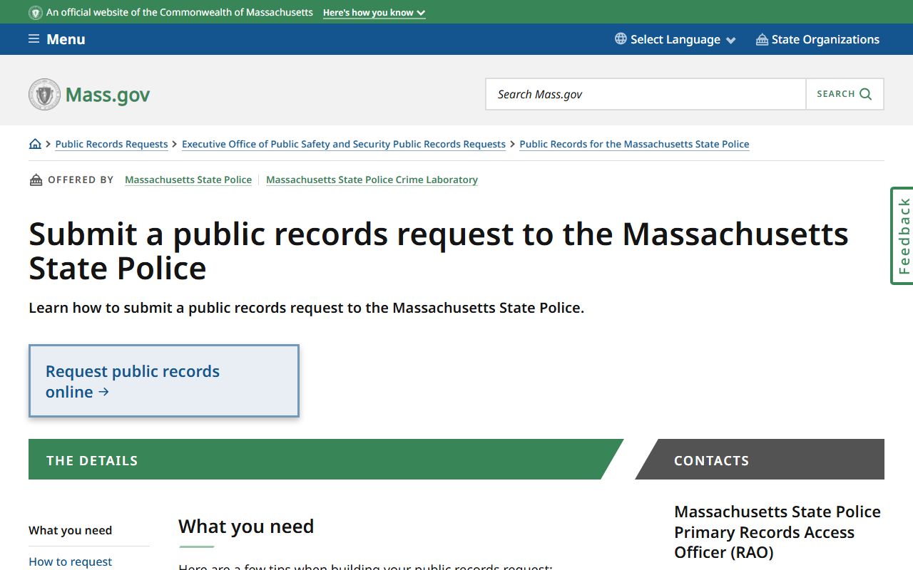 Massachusetts State Police records request form for police records